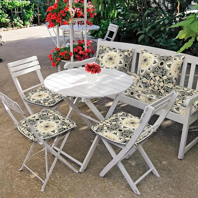 DYTXIII Set of 4 Outdoor Chair Cushions with Ties,Water Repellent Patio Chair Pads 17"x 16" for Outdoor Furniture,Round Corner Seat Cushions for Garden Yard Kitchen Vintage Medallion