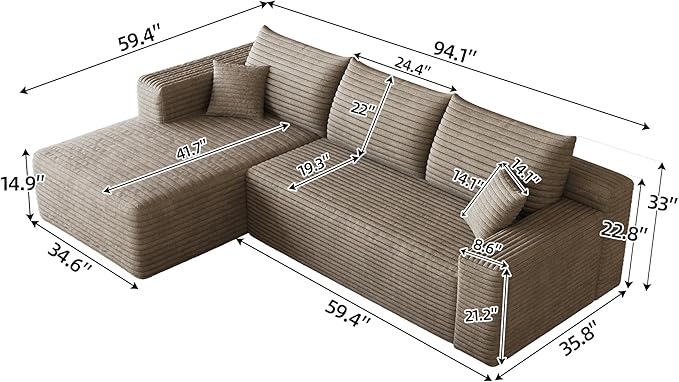 94" Camel Boneless Couch with Left Facing Chaise for Living Room, Corduroy L-Shaped Sectional Couches,Compressed Memory Foam Cloud Sofa,No Assembly Required,Camel