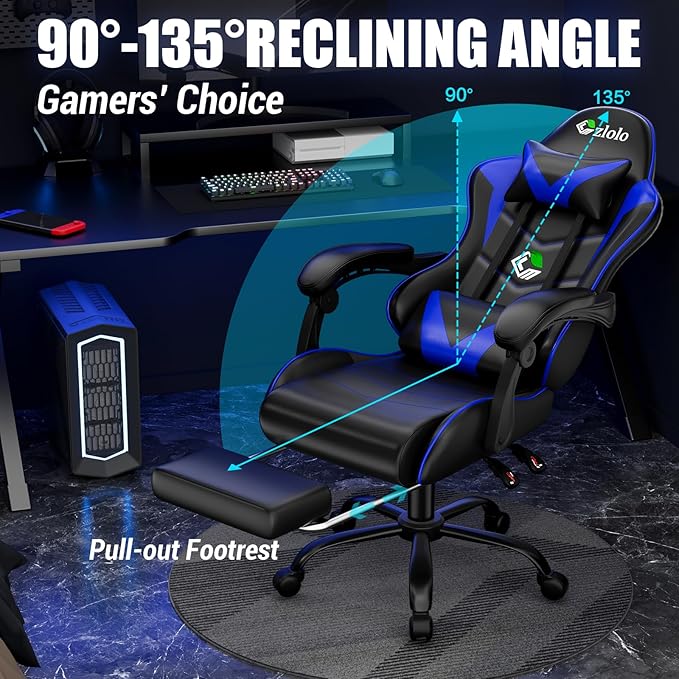 Czlolo Gaming Chair with Footrest Racing Style Lumbar Support Massager Video Game Chair with Metal Legs, High Back Reclining Gamer Chair with Headrest, 360° Swivel Office Computer Desk Chair (Blue)