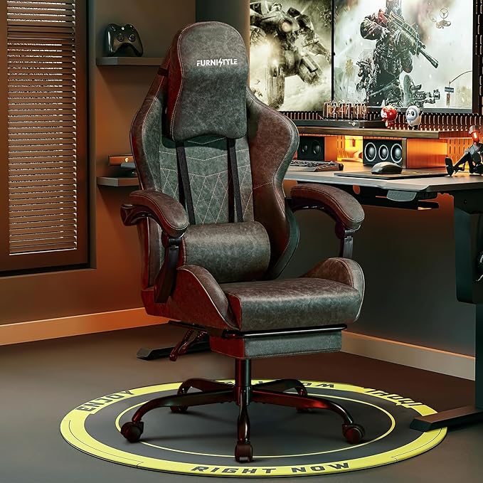 Gaming Chair Video Game Chairs with Large Headrest Pillow, Linkage Armrests, Retro PU Leather Ergonomic Computer Chair for Gaming or Office, Green