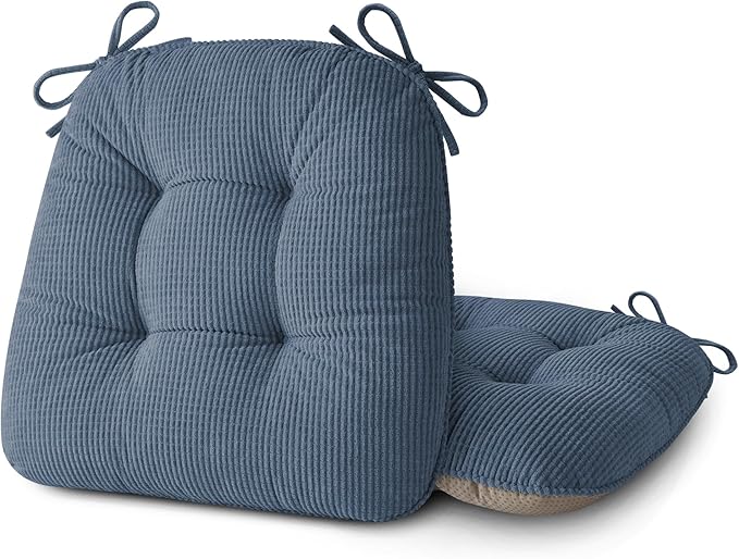 ELFJOY Dining Chair Cushions Set of 2 Thick Non Slip Kitchen Chair Pads with Ties Comfortable Indoor Kitchen Seat Cushions (18" x 18" x 3" Light Blue)
