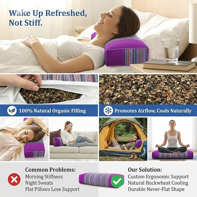 Buckwheat Pillow & Cervical Pillows for Sleeping (21x8x3inch) 100% Organic Coarse Cloth Package w Organic Buckwheat Hulls, Natural Cooling Technology and Relieve Cervical Pain. (Purple)