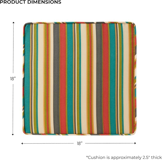 Outdoor 18 inch Square Patio Dining Chair Pads – Comfortable Fiber-Filled Seat Cushions with Ties, Reversible Polyester Fabric - Sunset Stripe - Updated, Set of 2
