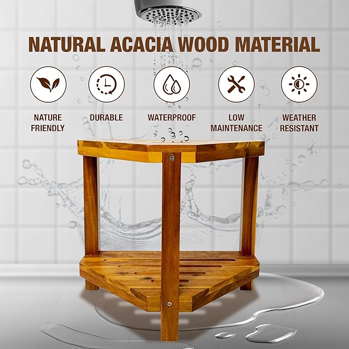 20" Corner Shower Stool for Inside Shower, Acacia Wood Shower Foot Rest for Shaving Legs with Storage Shelf, Waterproof Wooden Shower Bench Seat