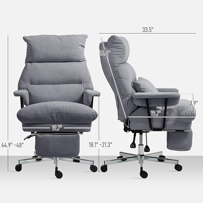 HOMCOM Large Overstuffed Office Chair with Lumbar Support, High Back Reclining Executive Corduroy Computer Desk Chair with Footrest, Swivel Wheels, Gray