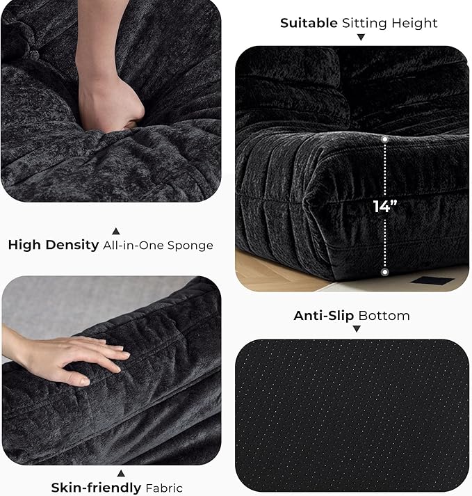 HABUTWAY Bean Bag Chair, Giant Bean Bag Chairs for Adults, Loveseat Fireside Chair, 2 Seater Lazy Bean Bag Sofa Memory Foam Couch for Living Room, Bedroom, Office (Black)