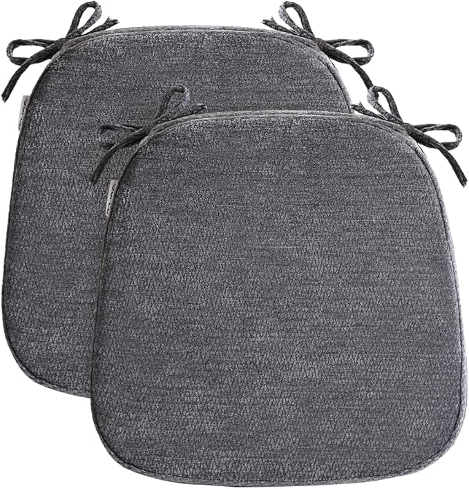 D-Shaped Chair Cushions for Dining Chairs, 2.5” Thick Chair Pads with Washable Comfortable Textured Cover, Non Slip Kitchen Chair Cushions with Ties, 16.5" x 16.5", 2 Pack, Dark Grey