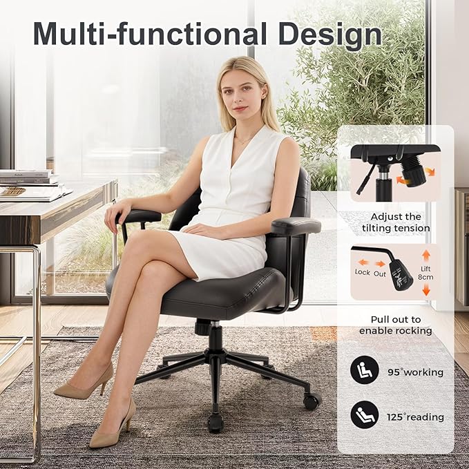 IWMH Leather Office Chair with Removable Armrests，Mid-Back Ergonomic Desk Chair with Lumbar Support，Adjustable Height 360° Swivel Executive Task Chairs for Home Office (Black)
