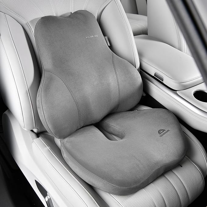 Coverado Memory Foam Car Seat Cushion and Lumbar Support Pillow for Car, Ergonomic Office Chair Cushion for Lower Back Pain Relief, Breathable & Non-Slip for Car, Home, and Office Use, Gray
