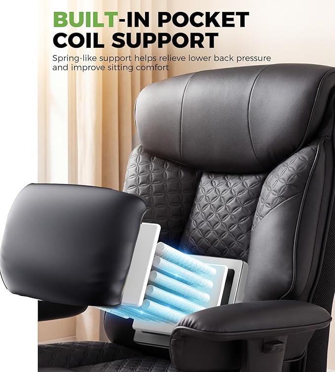 GTPLAYER Big and Tall Office Chair, High Back Computer Gaming Chair with Ergonomic Lumbar Support &Pocket Spring Cushion for Lower Back Pain Relief, Leather Executive Chair with Foot Rest, Black