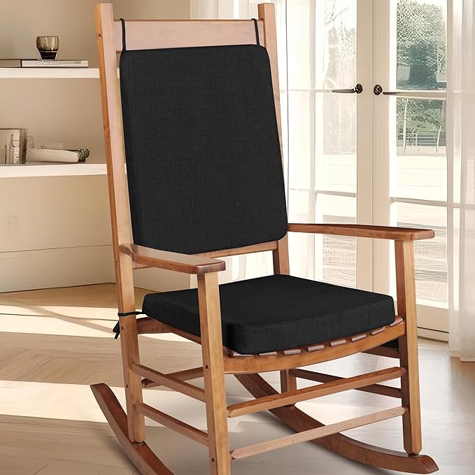 Rocking Chair Cushion Set with Machine Washable Cover Non-Slip Rocking Chair Cushions Indoor Seat and Back Pads with Ties 1 Pack, 2 Piece Set, 20"x 17"x 2" (Black)