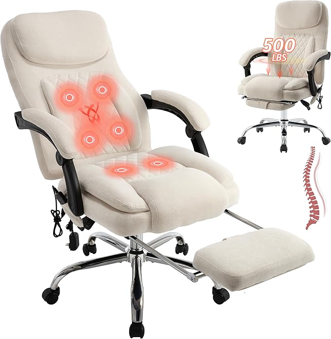 500LBS Massage Office Chair, 6 Points Vibration & Heat Executive Office Chairs, 135°Reclining Comfy Desk Chair with Foot Rest, Wider & Thicker Seat Cushion, Fabric Big and Tall Gaming Chair, Beige