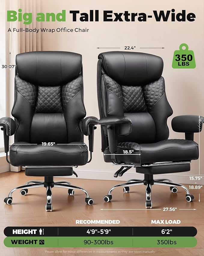 GTPLAYER Big and Tall Office Chair High Back Computer Gaming Chair with Ergonomic Lumbar Support &Pocket Spring Cushion for Lower Back Pain Relief, Leather Executive Chair with Foot Rest, Black