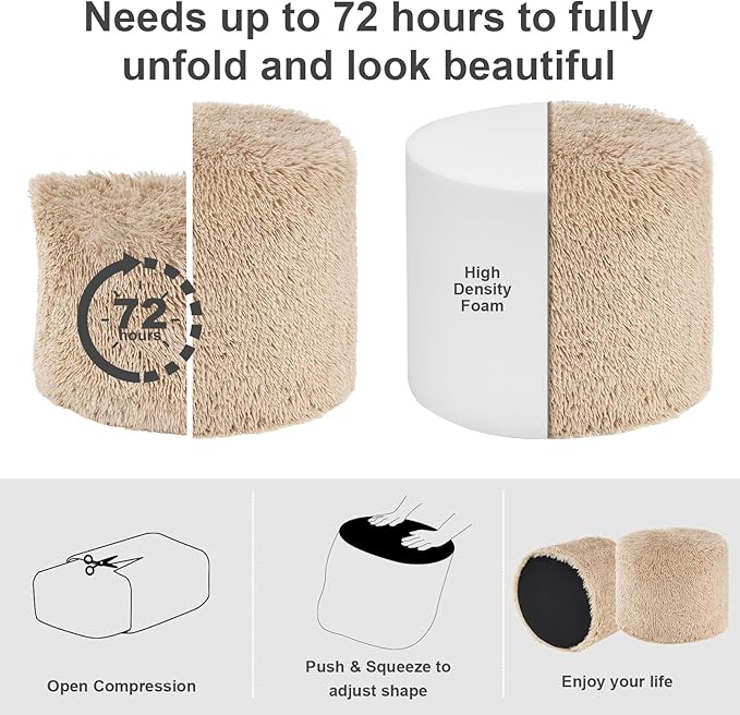 Hansleep Round Stuffed Pouf Ottoman 17 x 14, Foam Filled Faux Fur Ottoman Foot Rest for Chair with Washable Cover, Foot Stools Under Desk for Living Room & Bedroom, Brown
