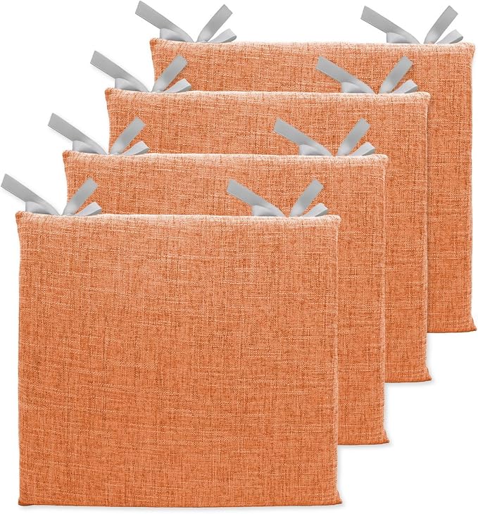Lifup 4 Pack Chair Cushion Memory Foam Pads, Square Non-Slip Thick Dining Chair Cushions with Ties and Removable Cover for Home Office Restaurant Chair Pads Orange 16 x 16 Inch