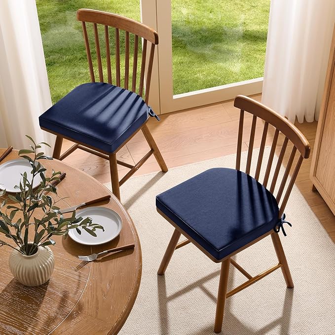 downluxe Chair Cushions for Dining Chairs, Memory Foam Linen Kitchen Chair Pads with Ties, Waterproof, Stain-Resistant and Washable Cover, 17" x 16" x 2.5", Blue, 6 Pack