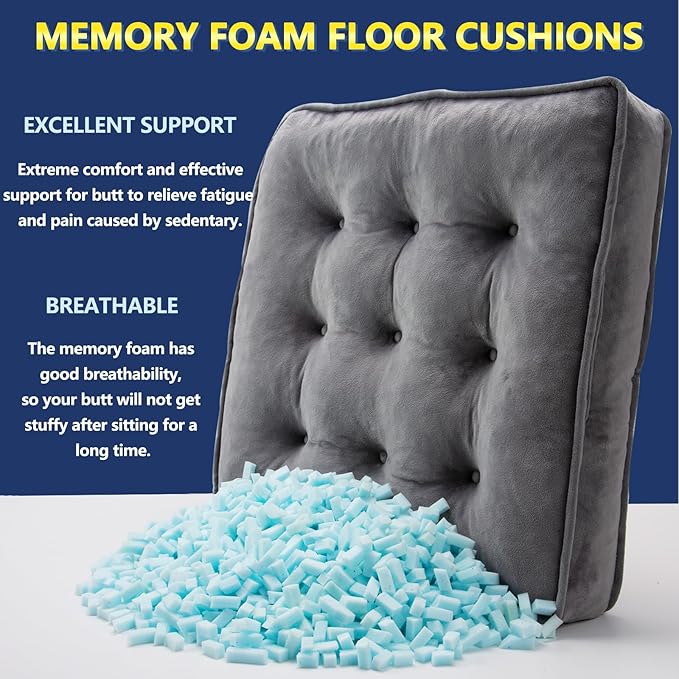 1 MIDDLE ONE Floor Pillow Set of 4, Memory Foam Meditation Cushion, Floor Cushions for Adults Sitting, Large Square Seat Cushions for Yoga, Living Room, 20x20 Inch (Grey)