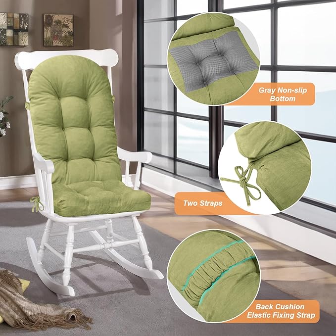Rocking Chair Cushion - Chenille Fabric, High-Density Sponge, Durable Comfort Non-Slip Bottom Tufted Seat Pads with Ties, Chenille︱Avocado Green, 44x19x4 inch
