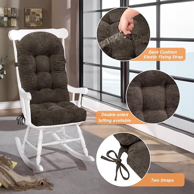 Rocking Chair Cushion - Chenille Fabric, High-Density Sponge, Durable Comfort Double-Sided Tufted Seat Pads with Ties, Chenille︱Sepia Brown, 44x19x4 inch