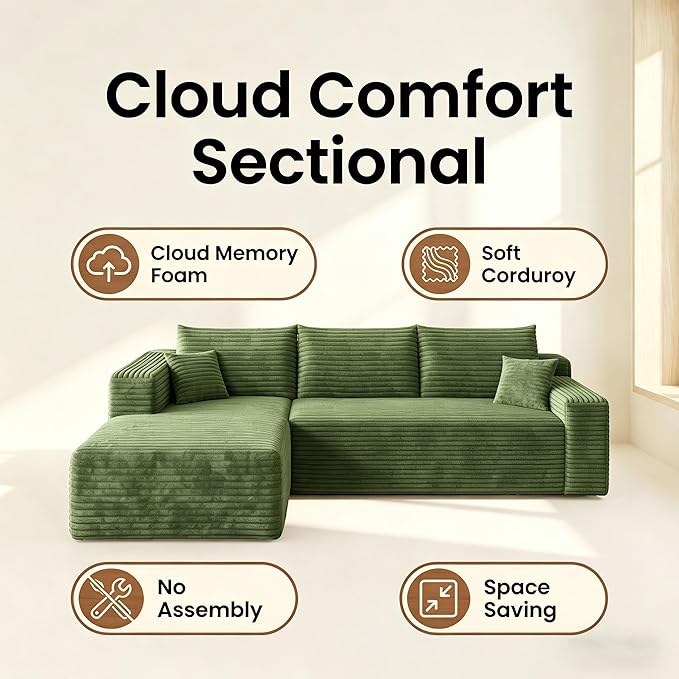 94" Green Boneless Couch with Left Facing Chaise for Living Room,Corduroy L-Shaped Sectional Couches,Compressed Memory Foam Cloud Sofa,No Assembly Required,Green