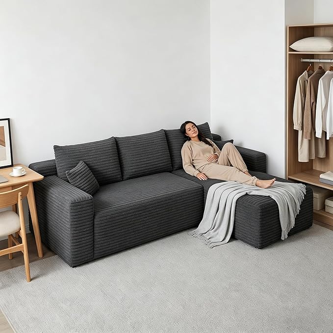 94" Boneless Couches with Right Facing Chaise for Living Room,Corduroy Sectional Couch,L-Shape Cloud Couches Compressed Memory Foam Cloud Sofa,No Assembly Required,Darkgrey