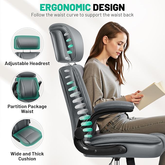 BestGlory Ergonomic Office Chair, PU Leather High Back Desk Chair with Adjustable Headrest and Padded Flip-Up Arms, Lumbar Support Computer Chair for Home Office Gaming, Grey
