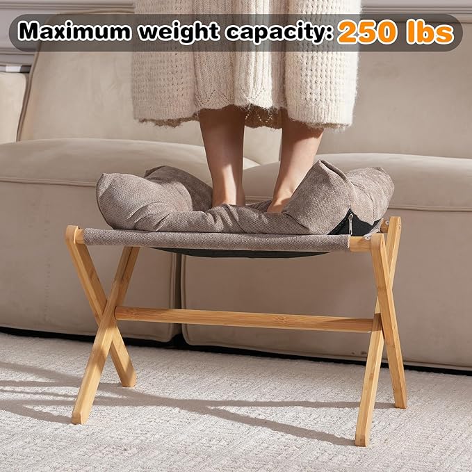 Baveke Folding Foot Stool, Small Accent Ottoman with Thick Cotton Cushion & Bamboo X Legs, Modern Padded Sofa Stool for Makeup Bedroom Living Room (Brown)
