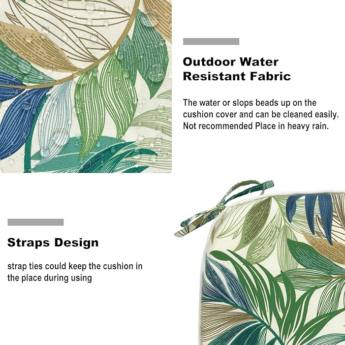 DYTXIII Set of 4 Outdoor Chair Cushions with Ties,Water Repellent Patio Chair Pads 17"x 16" for Outdoor Furniture,Round Corner Seat Cushions for Garden Yard Kitchen Lush Leaf Green