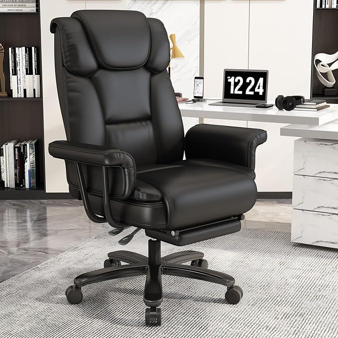 GYI 160 Reclining Office Chair with Footrest, Big and Tall High Back Home Office Chair, Leather Computer Desk Chair with Cross Legged Seat, Arms, Wheels, Black