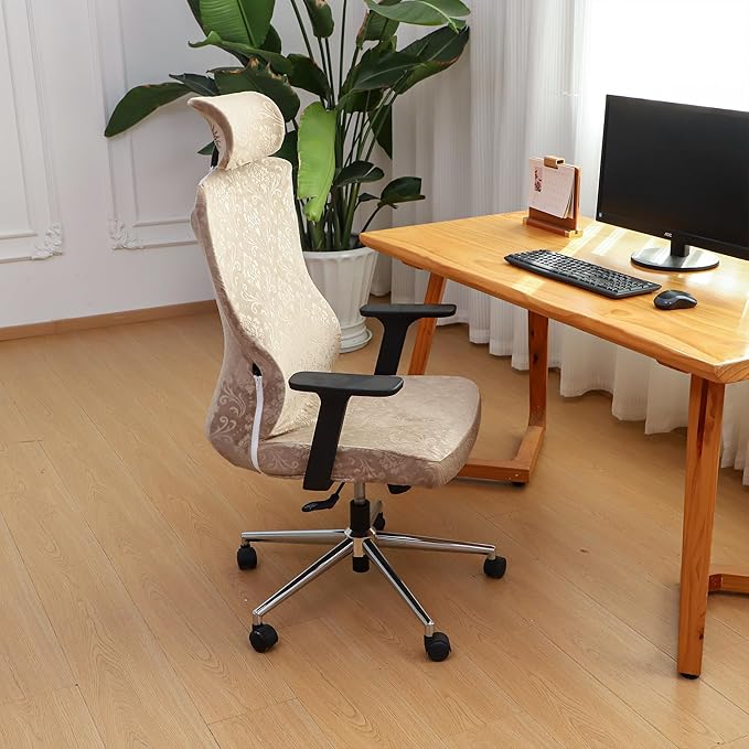 Ergonomic Office Chair Covers Set with Headrest Cover Velvet Embossing Camel Stretch Office Chair Cover with Headrest Washable-Velvet Embossing Camel