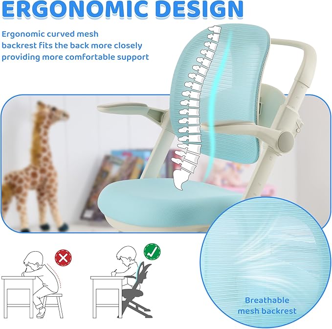 ERIYA Kids Desk Chair,Ergonomic Chair: Breathable Mesh Back, Adjustable Seat, Flip-Up Armrests, Footrest, Lumbar | Ideal for Kids, Petite Adults – Ultra-Comfy for Study/Work (Blue)