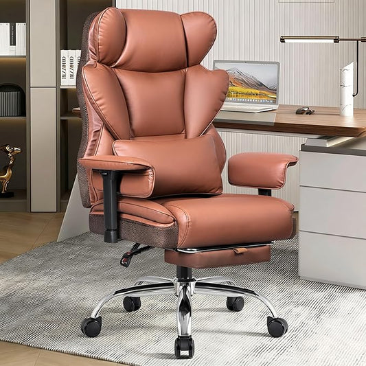 BESTFAIR Big and Tall Office Chair for Heavy People - 400 LBS Capacity Executive Chair with High Back & Footrest, Ergonomic Wide Padded Leather Seat Computer Gaming Chair, Terracotta Brown