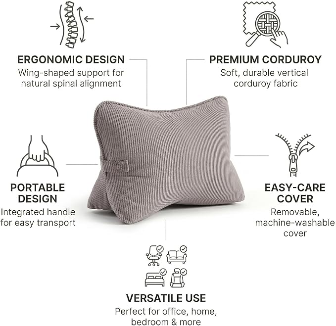 Pat. Pend. Corduroy Back Pillow for Sitting, Lumbar Support Cushion for Sofa, Office Chair & Bed Sitting, Reading & Watching TV, Ergonomic Triangle Backrest Pillow, Light Gray