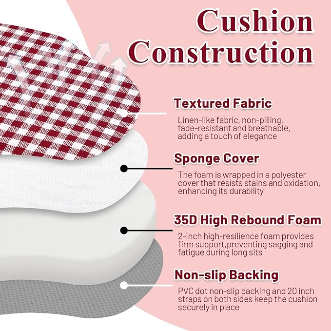 Burgundy Gingham Winsor Chair Cushions with Ties, Dining Kitchen Chair Seat Pads Non Slip Removable Washable Cover 17"x16" Set of 2