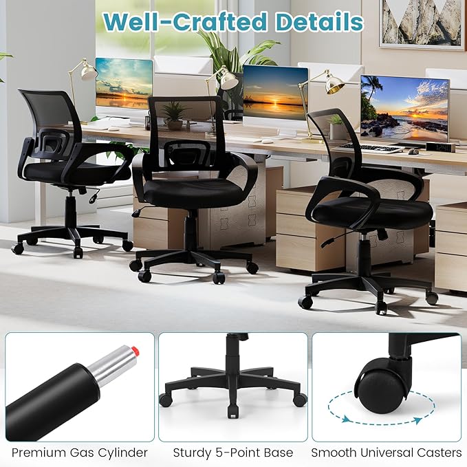 Giantex Ergonomic Mesh Office Chair, Mid-Back Computer Chair with Breathable Backrest, Lumbar Support and Adjustable Height, Gaming Chair, Swivel Rolling Desk Chair for Home Office, Task and Study