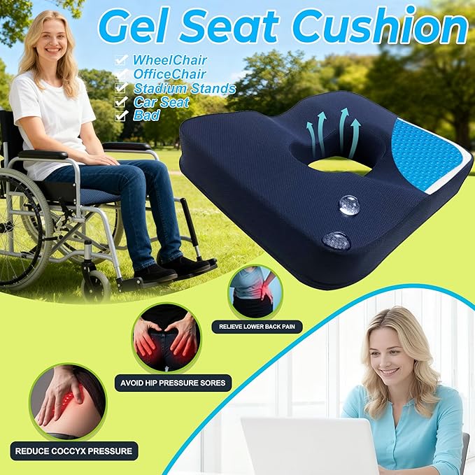 Gel & Memory Foam Wheelchair Seat Cushion,Donut Pillow for Tailbone Pain Relief,Bed Sore Cushions for Butt,Pressure Relief,Sciatica,Coccyx,hemorrhoid Pillow,Cushion for Office Chair & Desk(Blue