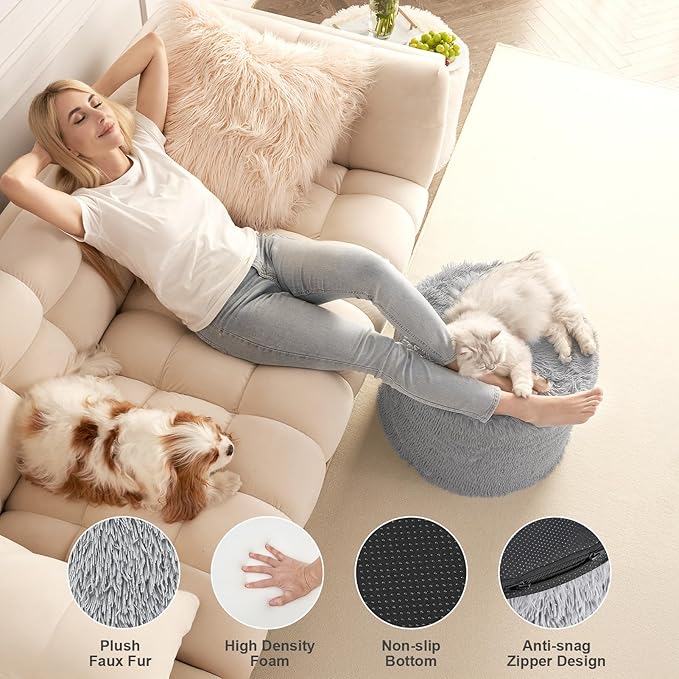 Hansleep Round Stuffed Pouf Ottoman 17 x 14, Foam Filled Faux Fur Ottoman Foot Rest for Chair with Washable Cover, Foot Stools Under Desk for Living Room & Bedroom, Grey