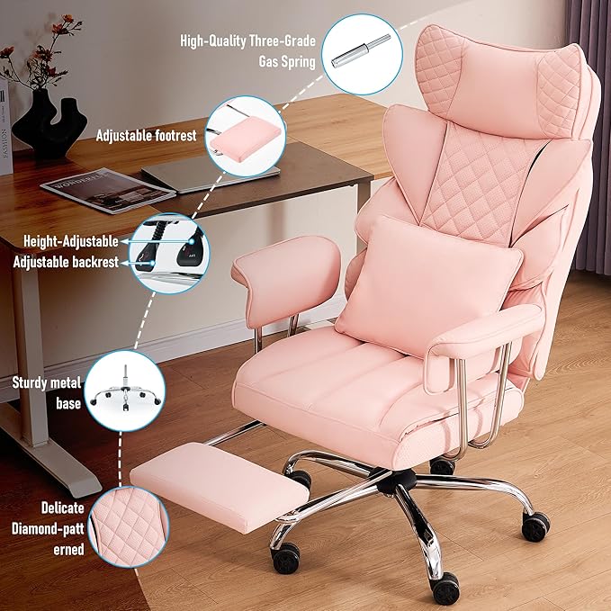DYHOME 500 Lbs Kneading Massage Office Chair with Foot Rest, Ergonomic Reclining Home Computer Chair, High Back Thick Cushion Big & Tall Office Chair, Comfy Leather Heavy Duty Executive Chair, Pink