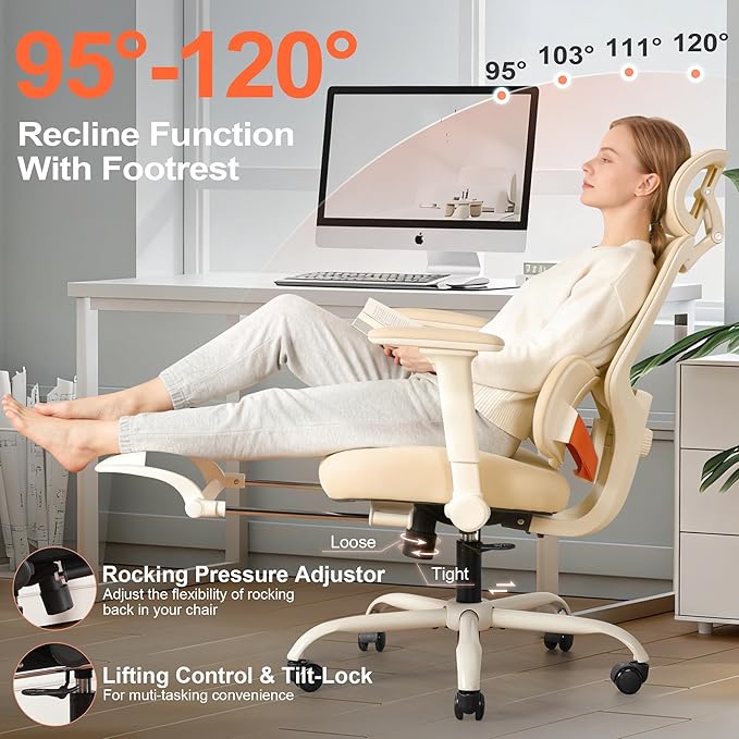Ergonomic Office Chair with 4D Flip-Up Arms & Footrest, Mesh Desk Gaming Chair with 3D Headrest & 2D Floating Wing Lumbar Support, High Back Computer Chair for Home Office Vanity, Beige