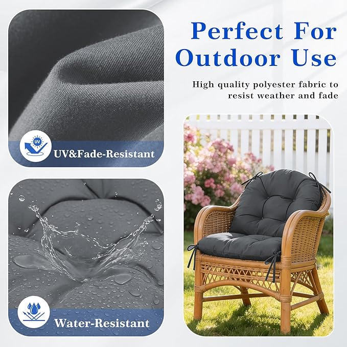 Wolfbird Outdoor Chair Cushions Set of 2 Waterproof Patio Furniture Cushions with Ties 19x19+5” Thicken Outdoor Seat Cushions Indoor/Outdoor Dining Chairs Pads FadeShield Rocking Chair Cushion, Grey