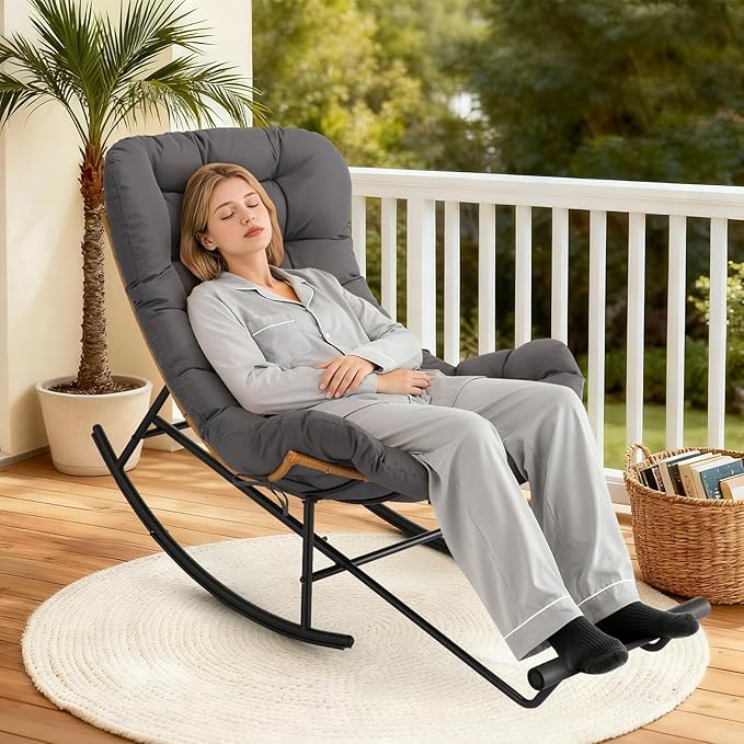 Garvee 2PCS Papasan Rocking Chair with Foot Rest, Oversized Papasan Chair with Thick Removable Cushion and Metal Frame, Lounge Chairs and PE Rattan Rocker for Patio, Porch, Garden, Lawn, Living Room