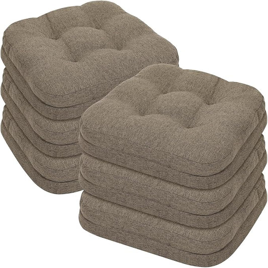 baibu Set of 6 Dining Chair Cushions, Dual-Layer Patent Design Memory Foam Kitchen Chair Cushions, Non-Slip Seat Pads with Ties, 16.5 x 16.5 x 3.5in, 6 Pack, Brown