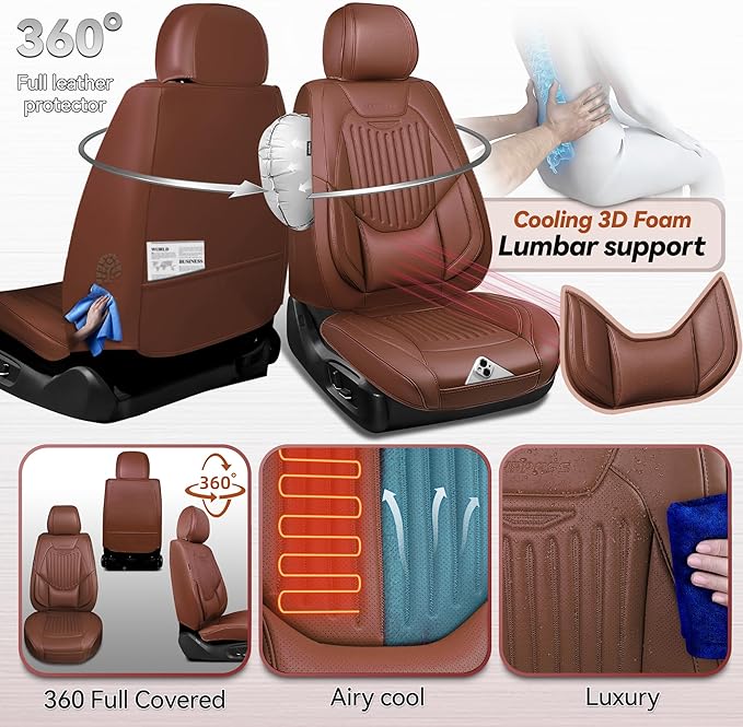 CAR PASS Luxury Nappa Leather Car Seat Covers Full Set, Lumbar Support Seat Covers for Car 5 Seats, Waterproof Car Seat Protector, Automotive Seat Covers Universal Fit for Most Sedans SUV Trucks Brown