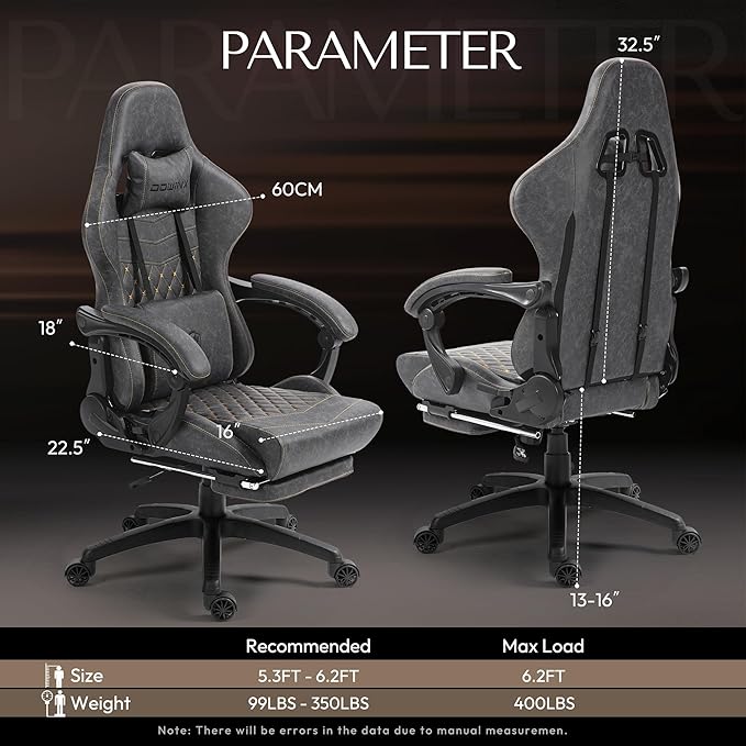 Dowinx Big & Tall Vintage Gaming Chair for Adults, 400 lb Capacity Heavy Duty Ergonomic Computer Chair with Massage Lumbar, Footrest & Easy Side Recline, Grey