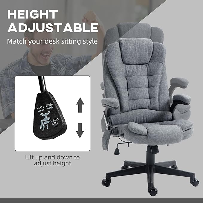 Vinsetto 6 Point Vibrating Massage Office Chair with Heat, Linen High Back Executive Office Chair with Reclining Backrest, Padded Armrests and Remote, Gray