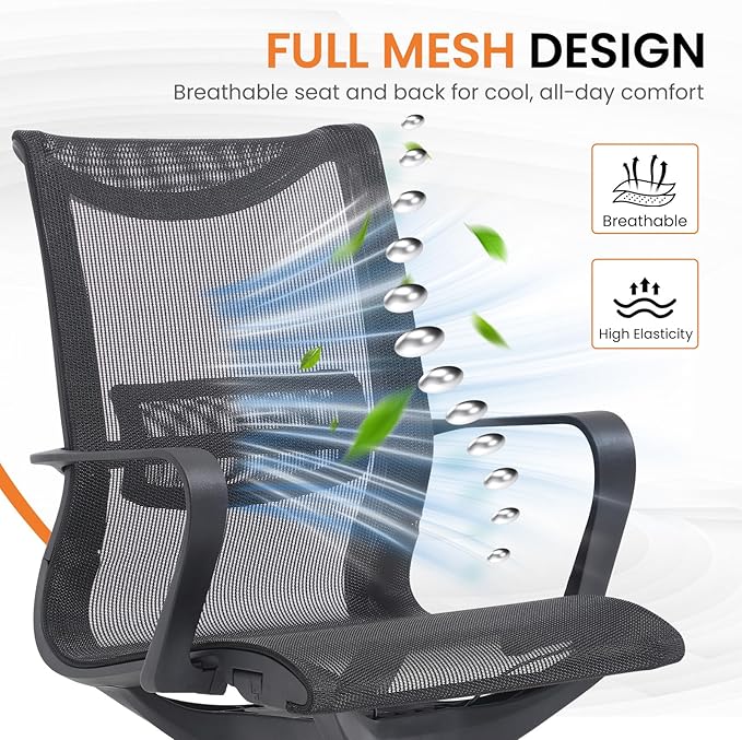 LuxErgo Ergonomic Mesh Office Chair, Mid Back Desk Chair with Lumbar Support & Armrests, Height Adjustable, 115° Recline, 360° Swivel Rolling Task Chairs for Home Office, Black