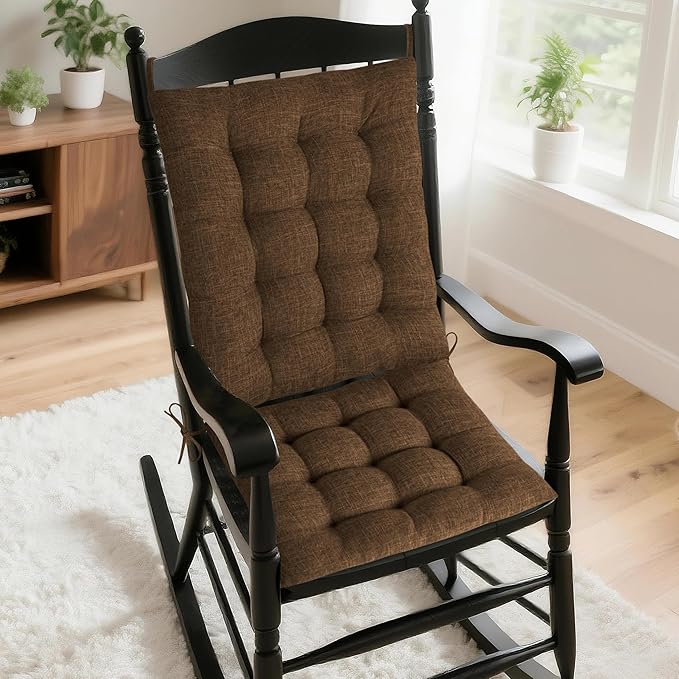 AddGrace Rocking Chair Cushions Indoor Tufted Cushions for Rocking Chairs with Ties Comfortable Textured Fabric Set of Seat & Back Cushion 21x17/17x17 (Brown)