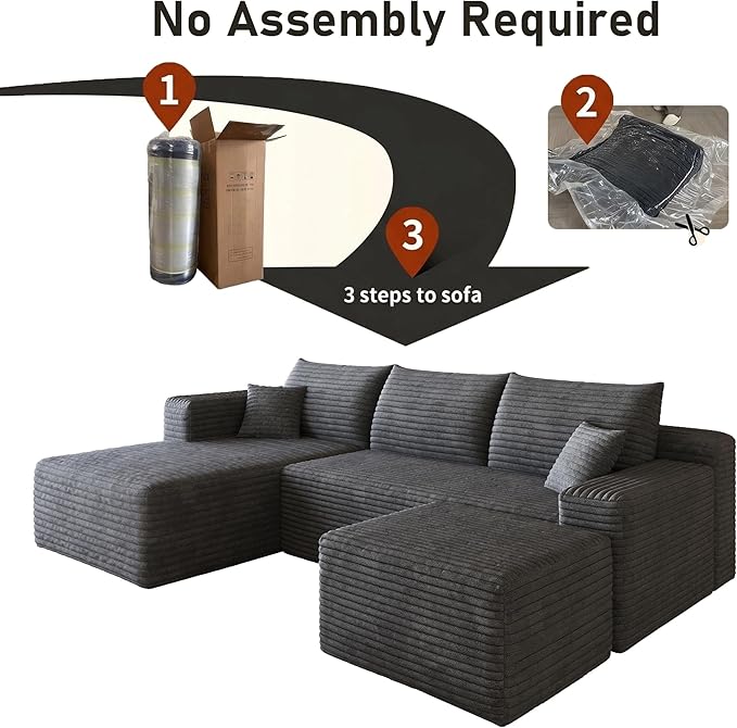94" Darkgrey Fluffy Couch with Ottoman for Living Room, Corduroy No Bones Sectional Couch,Compressed Memory Foam Cloud Sofa,No Assembly Required,Left Facing Chaise,Darkgrey