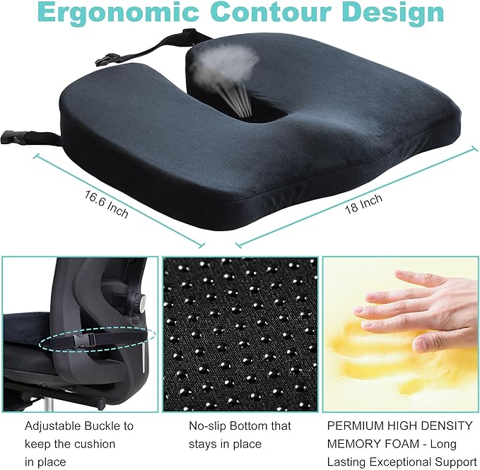 Large Pressure Relief Office Car Seat Cushion,10-Inch Extended U-Cutout,Sciatica & Back Coccyx Tailbone Pain Relief Chair Pad,Memory Foam Butt Pillow for Computer Desk,Wheelchair, Car