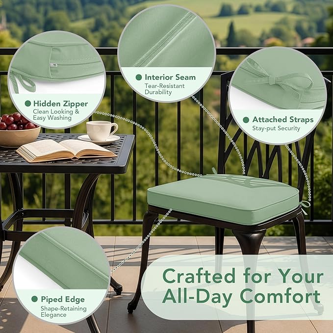Outdoor Chair Cushions Set of 4: Waterproof & Fade Resistant Patio Furniture Cushions - 19 x 19 x 2 Inch Non Slip Round Corner Seat Cushion Pads with Removable Cover for Garden Yard Lawn, Sage Green